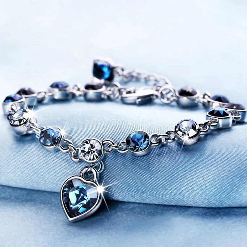Silver Heart Bracelet for Women with Blue Sapphire & Tanzanite – Elegant Chain Design, Trendy Wedding Gift Fine Jewelry